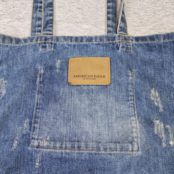 American Eagle Denim Tote Bag Blue AEO Jean Large Distressed Patch Cottage Logo - Picture 11 of 16